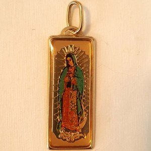 10K Yellow Gold Painted Mary Madonna Religious Charm Pendant